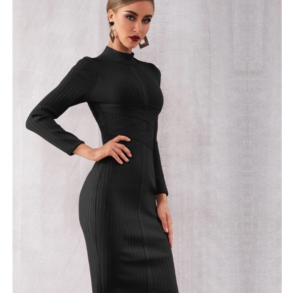 ELEGANT LONG SLEEVE HIGH MOCK NECK BANDAGE DRESS - Picture 3 of 7